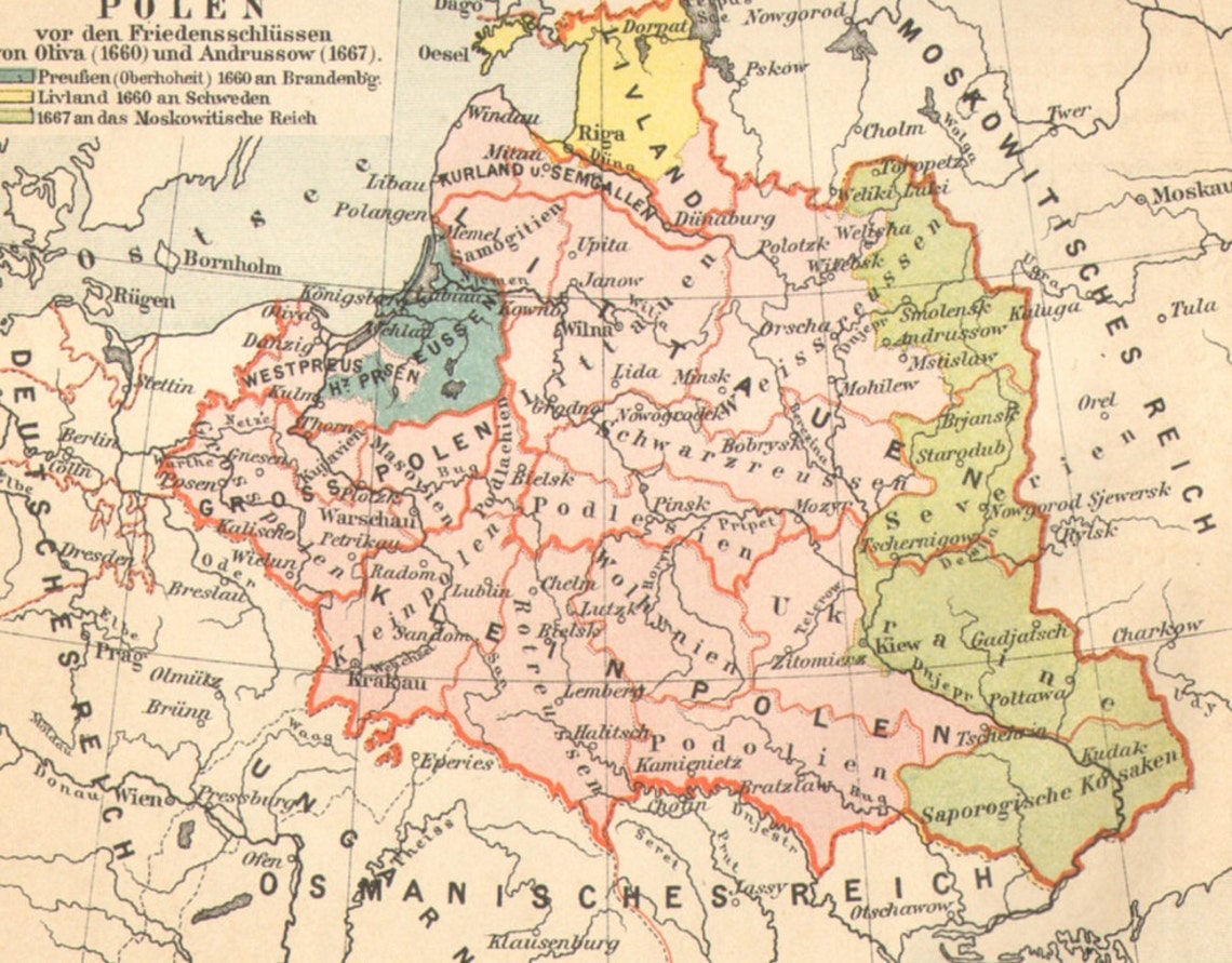 1890 Historical Map of Poland and the Western Part of the  Etsy