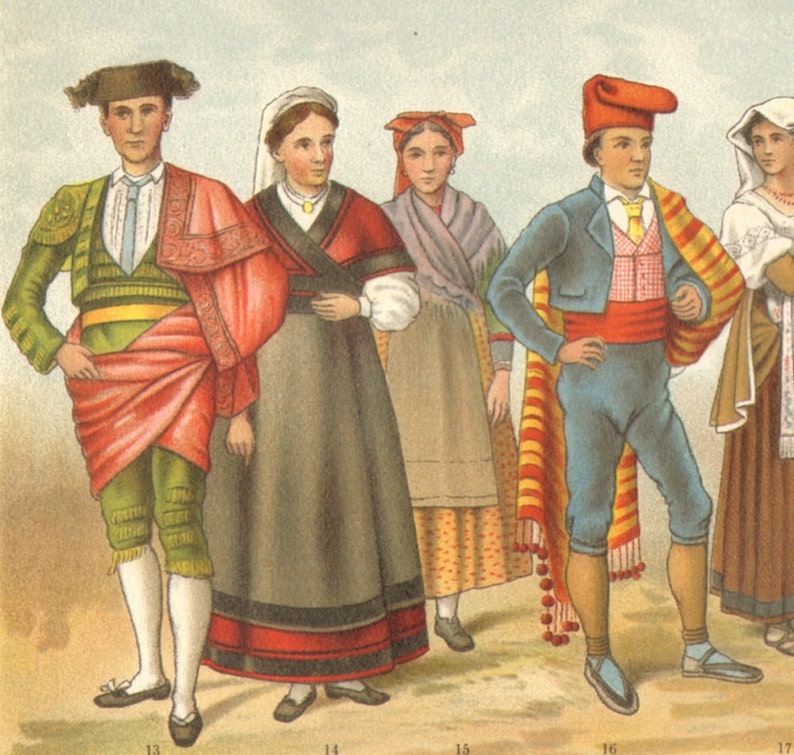 124 yrs old fine print Catalan Folk Dresses Tirolian Hungarian 1897 NATIONAL COSTUMES Antique Lithograph Traditional Garments Spanish