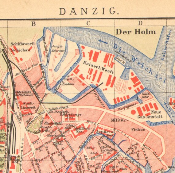 Danzig Stadtplan Gdansk Deutsches Reich Straßen Lithographie 1886 antike Karte