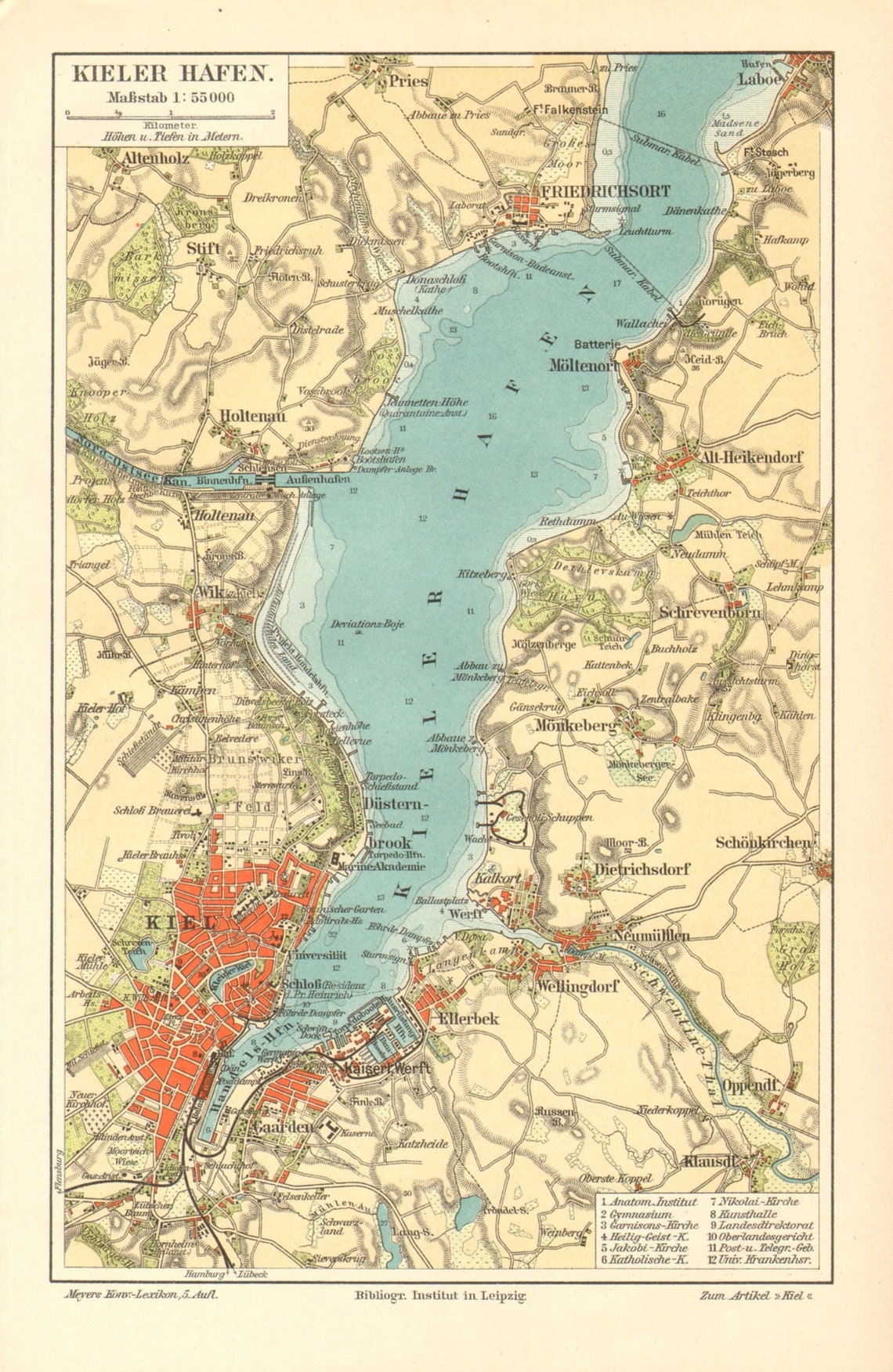 1896 KIEL PORT and FJORD Antique Map - Etsy