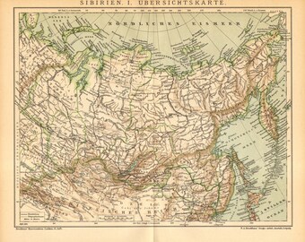 Original 1895 Antique Color lithography print of a map of Western Siberia Russia Federation Plain Golden Horde Irtysh Ob Tyuman Sibir Kazakh