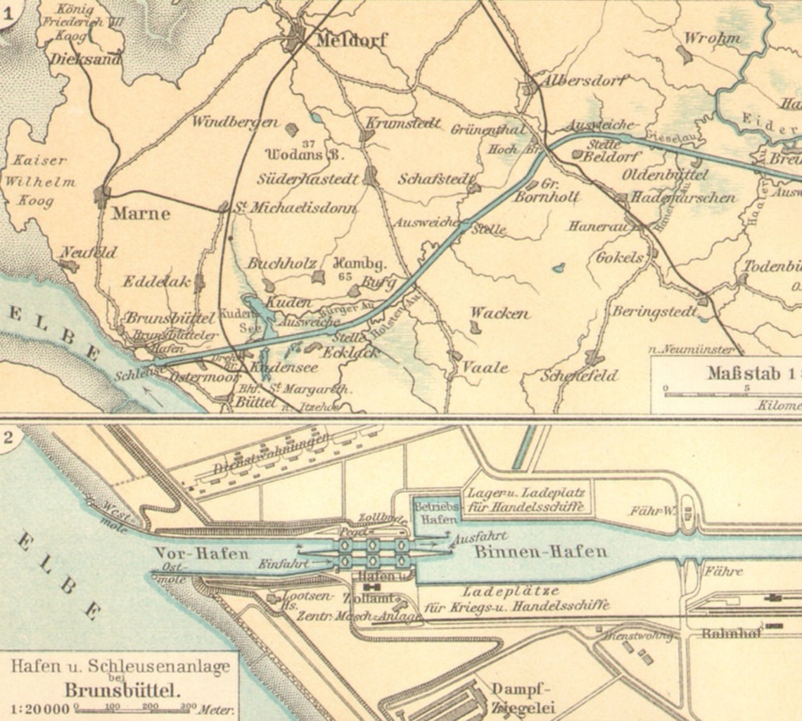 1896 Original Antique Map of the Kiel Canal or  Etsy