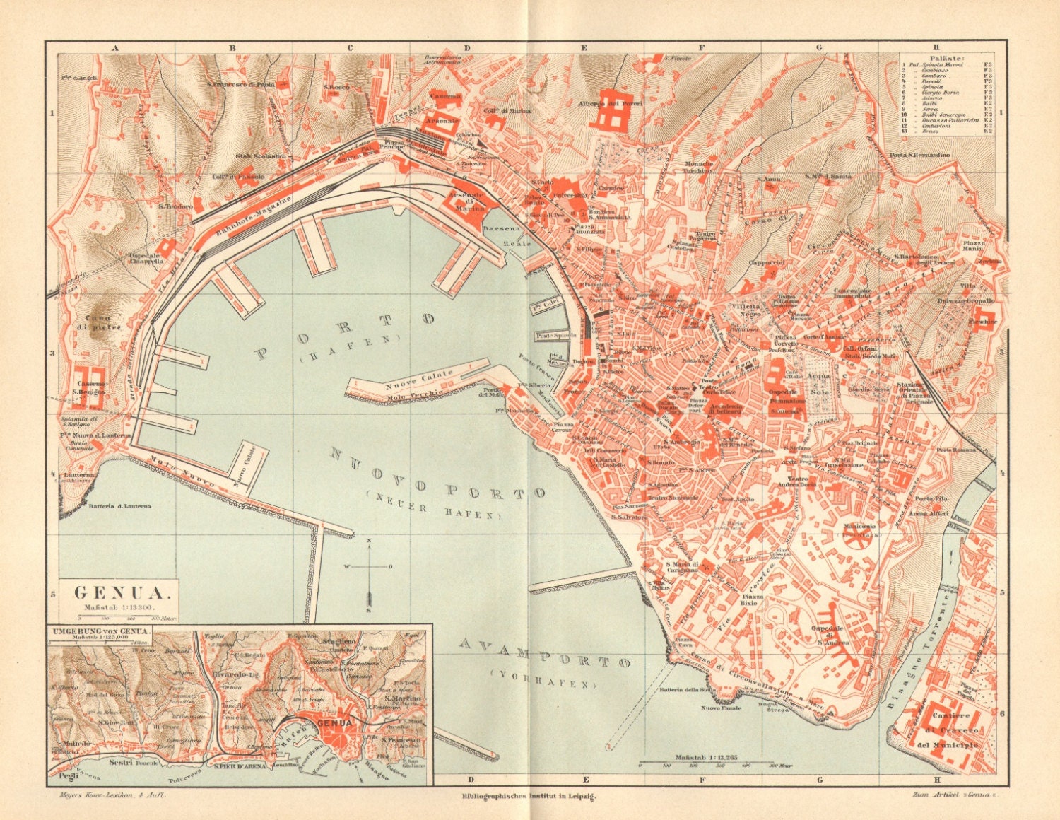 1890 Original Antique City Map of Genoa Italy in the 19th ...