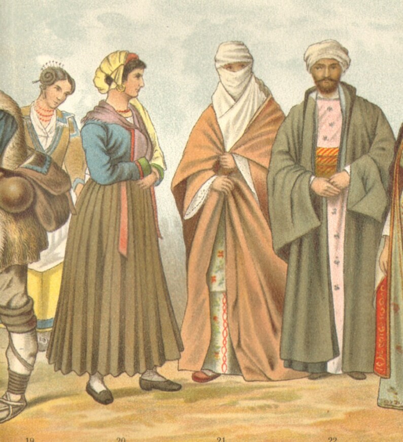 124 yrs old fine print Catalan Folk Dresses Tirolian Hungarian 1897 NATIONAL COSTUMES Antique Lithograph Traditional Garments Spanish