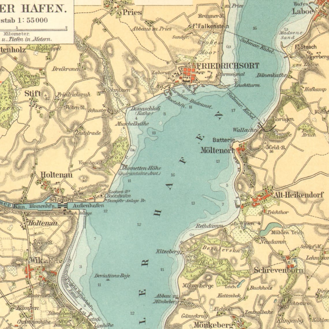 1896 KIEL PORT and FJORD Antique Map - Etsy