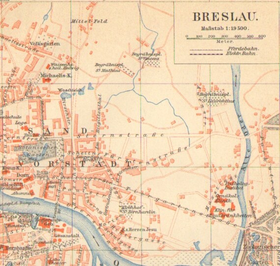 Breslau Stadtplan Lithographie 1893 alte historische Stadtkarte