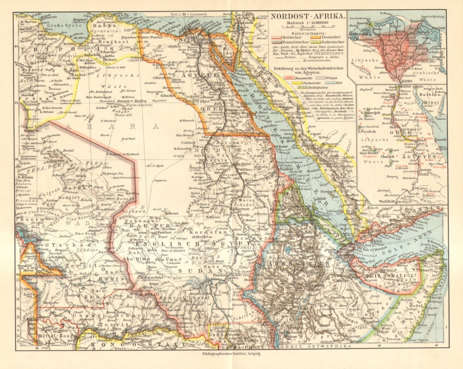 Colonial Possessions of Germany France and Italy England 1909 EASTERN NORTH AFRICA Antique Political Map