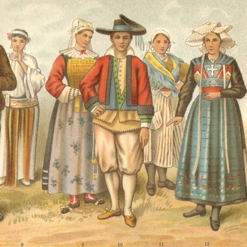 124 yrs old fine print Catalan Folk Dresses Tirolian Hungarian 1897 NATIONAL COSTUMES Antique Lithograph Traditional Garments Spanish