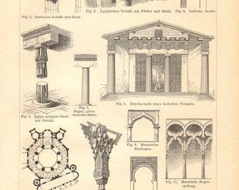 1894 Vintage Print of Architectural Styles, Ancient Egyptian, Byzantine, Moorish, Romanesque, Gothic and Renaissance Architecture