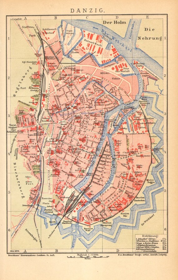 Danzig Stadtplan Gdansk Deutsches Reich Straßen Lithographie 1886 antike Karte