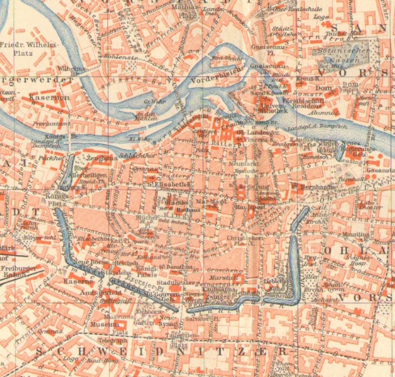 1893 Original Antique Map of Breslau Wroclaw as Part of the Etsy