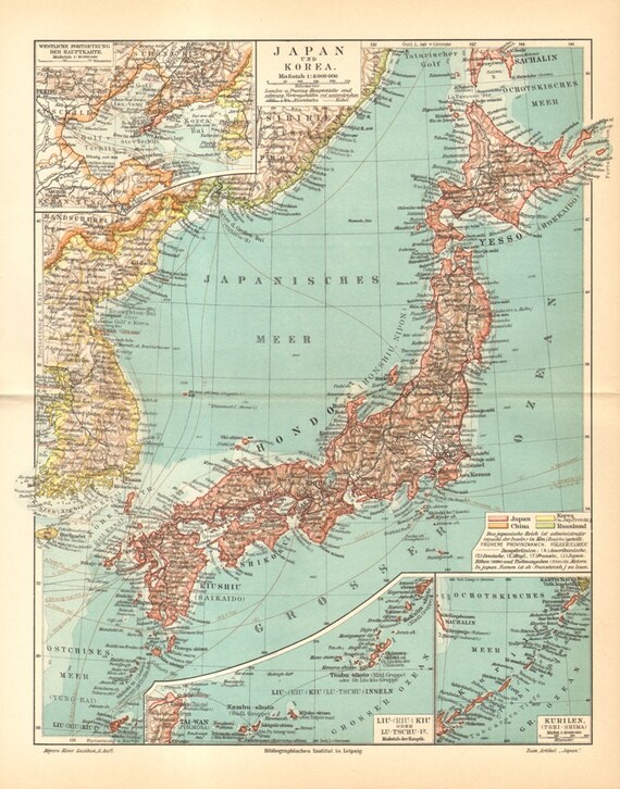 1904 JAPAN and KOREA Original Antique Map | Etsy