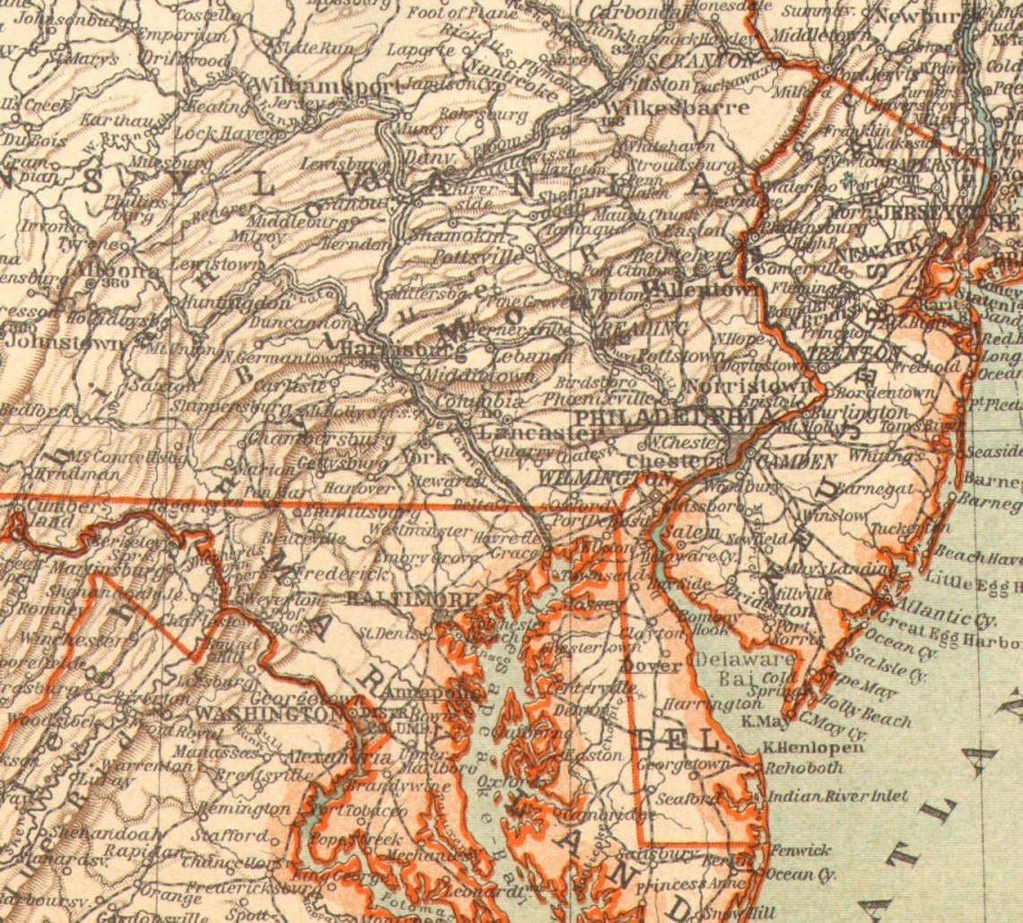 1905 Antique Dated Map of the Mid-Atlantic States of the | Etsy