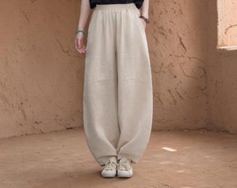 Cotton Linen Pants - Bohemian Wide Leg, Relaxed Fit, Barrel Shape, Lightweight, Women's Pants