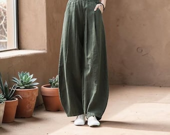 Cotton Linen Harem Pants - Wide Leg Boho Trousers, Elastic Waist Summer Casual