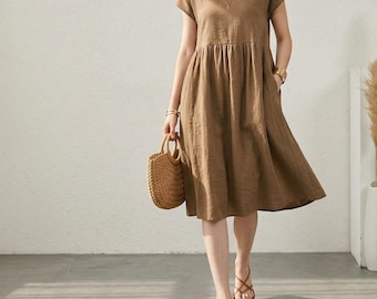 Cotton Linen A-Line Midi Dress, Cap Sleeve, Casual Summer Sundress with Pockets