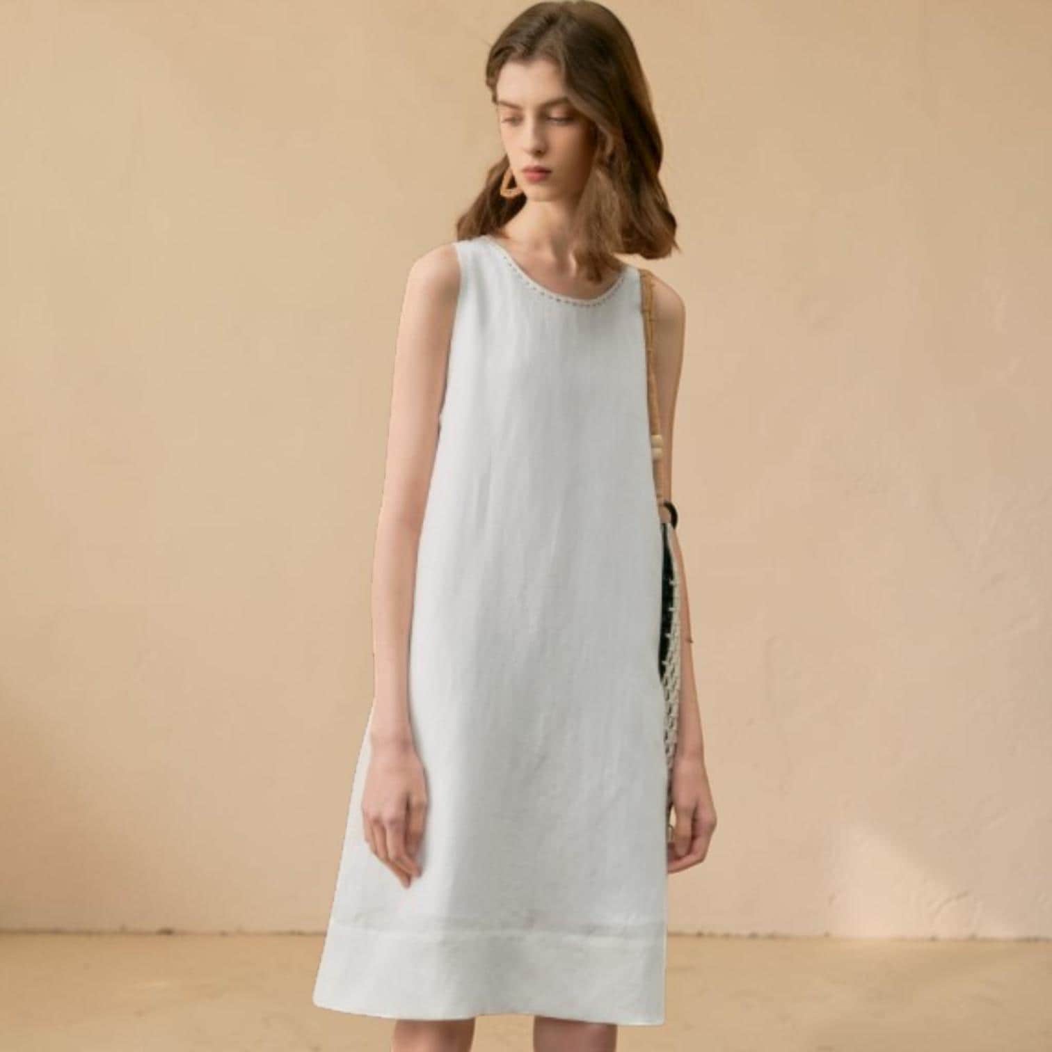 premium linen scalloped midi dress Scallop Edge Cotton White Midi Dress