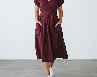 Cotton Linen V-Neck Midi Dress - Short Sleeve Tie Waist, Cottagecore Summer Style