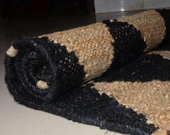 Handgefertigter Teppich Schwarz Und Naturhanf Boho Dekor Hanf Jute Teppich Flur Dekor Hanf Jute Läufer Für Bauernhaus Benutzerdefinierte Größe Hanf