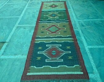 Kilim Rug Handwoven Wool & Jute Dhurrie, Traditional Indian Area Rug, Durable Handmade Floor Decor, Boho Bohemian Accent Carpet
