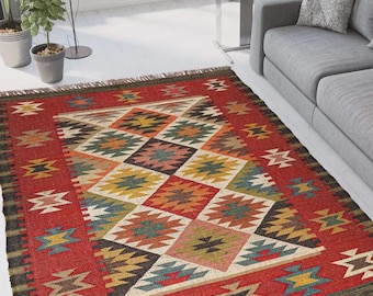 Kilim Rug Handwoven Wool & Jute Dhurrie, Traditional Indian Area Rug, Durable Handmade Floor Decor, Boho Bohemian Accent Carpet