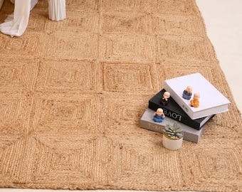 Natural Jute Rug Jute Braided Rug Bohemian Jute Rug Rectangular Jute Rug, Boho Decor Rug, Jute Area Rug, Square Jute rug Custom Size Rug