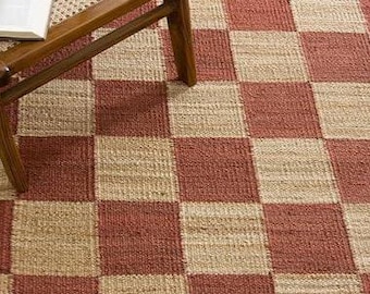 Handmade red and Natural Hemp Jute Rungs-Extra Large Jute Rugs red Jute Rugs- checkerboard jute Rug, Large Area Hemp Rug For Hallway Rug