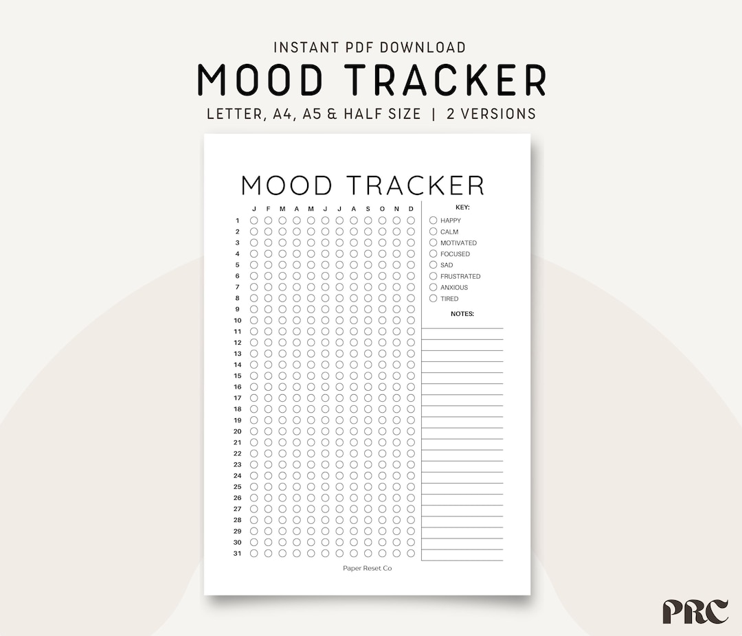 Mood Tracker Printable PDF, Letter, A4, A5 & Half Size, Bullet Journal ...
