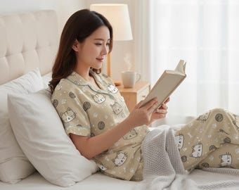 Pijama de satén con estampado de gato para mujer, 100 % poliéster, manga corta y pantalón largo.