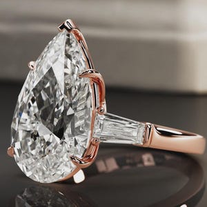 5CT Pear Cut Lab Grown Diamond Ring with Tapered Baguette Accents in Rose Gold, Big Diamond Ring, Ethical Diamond Ring, Engagement Ring