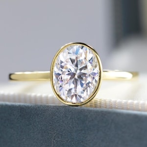 2 CT Oval Lab Diamond Solitaire Ring - 14K Yellow Gold Bezel Setting