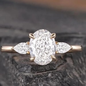 Oval Lab Grown Diamond Engagement Ring: 14K Rose Gold Three Stone Ring
