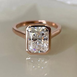 14K Yellow Gold Emerald Cut Lab Grown Diamond Ring: Bezel Set Engagement