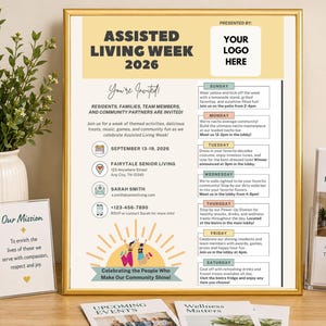 May include: A gold-framed flyer for Assisted Living Week 2026, featuring a weekly activity schedule, contact details for Fairytale Senior Living, and a graphic of people jumping in front of a sun. The text includes event details for Sunday through Saturday.