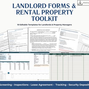 May include: A digital toolkit featuring 10 editable landlord forms and rental property templates. The collection includes a residential lease agreement, applicant tracker, and property dashboard with black text on white paper documents.