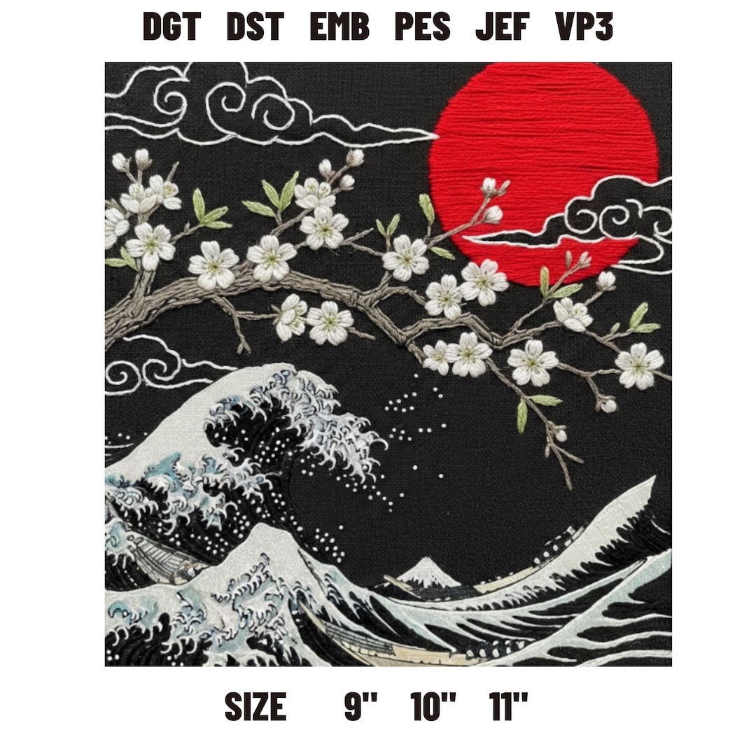 Japanese Cherry Blossom Embroidery File Branch With Flowers Red Sun and ...