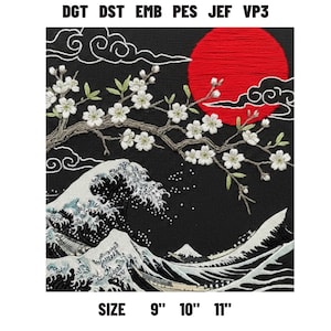 Puede incluir: Obra de arte bordada con temática japonesa. Un sol rojo y flores de cerezo blancas sobre un fondo negro. El diseño incluye una ola estilizada y mide 23 cm, 25 cm o 28 cm.