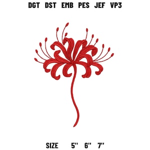 Könnte beinhalten: Rotes Blumenstickmuster mit einer Spinnenlilie. Der Entwurf enthält den Text "DGT DST EMB PES JEF VP3" oben und "SIZE 5" 6" 7"" unten. Die Spinnenlilie hat lange, gebogene Blütenblätter und einen schlanken Stiel. Maße in cm.