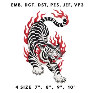 Puede incluir: Un diseño de tigre en blanco y negro con llamas rojas, disponible en cuatro tamaños: 17,78 cm, 20,32 cm, 22,86 cm y 25,4 cm. La imagen incluye el texto "EMB, DGT, DST, PES, JEF, VP3". El tigre se representa en una pose dinámica, con la boca abierta.