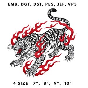 Archivo de bordado de tigre en espiral: tigre japonés audaz con llamas rojas y remolinos, arte de tatuaje asiático tradicional para ropa y decoración del hogar.