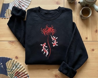 Japanese Red Spider Lily Embroidery Sweatshirt Koi Fish Black Crewneck Gothic Dark Aesthetic Unisex Outfit Gift For Art Lovers