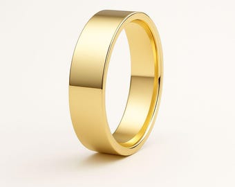 14K Yellow Gold Flat Wedding Band, Comfort Fit, Engraved Ring