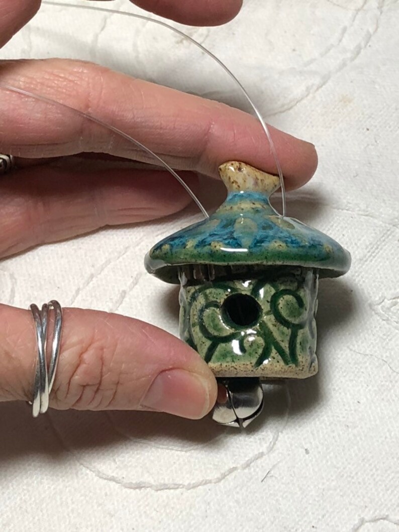 Ornament ceramic mini bird house with bell inside