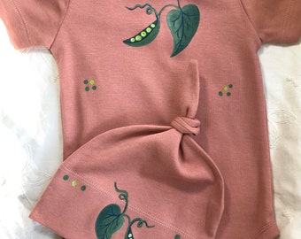 Sweet Pea Pink Baby GIrl Hand Painted  Organic Cotton Matching set of Bodysuit and Baby Hat, washing machine friendly