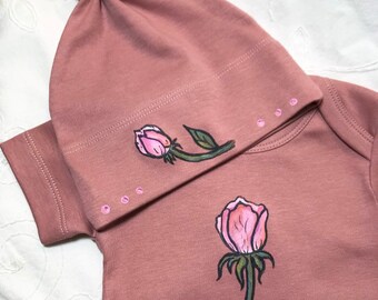 Rose bud baby gift, Pink Baby girl organic bodysuit and hat set. You are my rosebud!
