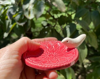 Tea bag holder or spoon rest or earring dish, rose color with white bird, or just plain cuteness display