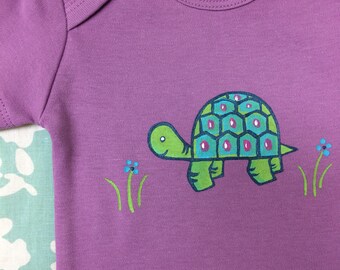 Baby Bodysuit, Purple with Turtle, Organic Cotton Romper, Fun Baby Clothes, Baby vest with Animal Hand Painted tortoise, so cute