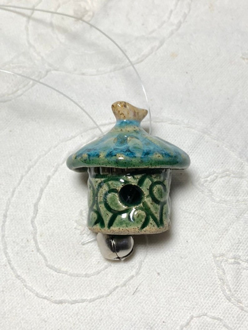 Ornament ceramic mini bird house with bell inside