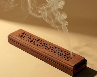 Handmade Wooden Incense Holder Box – Carved Moroccan Arabesque Design, Ash Catcher, Meditation & Relaxation Decor