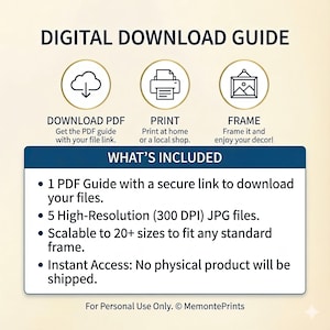 May include: A digital download guide with icons for downloading a PDF, printing at home, and framing. The guide includes a PDF with a secure link, 5 high-resolution JPG files, and scalable sizes for framing. Text reads: "DIGITAL DOWNLOAD GUIDE."